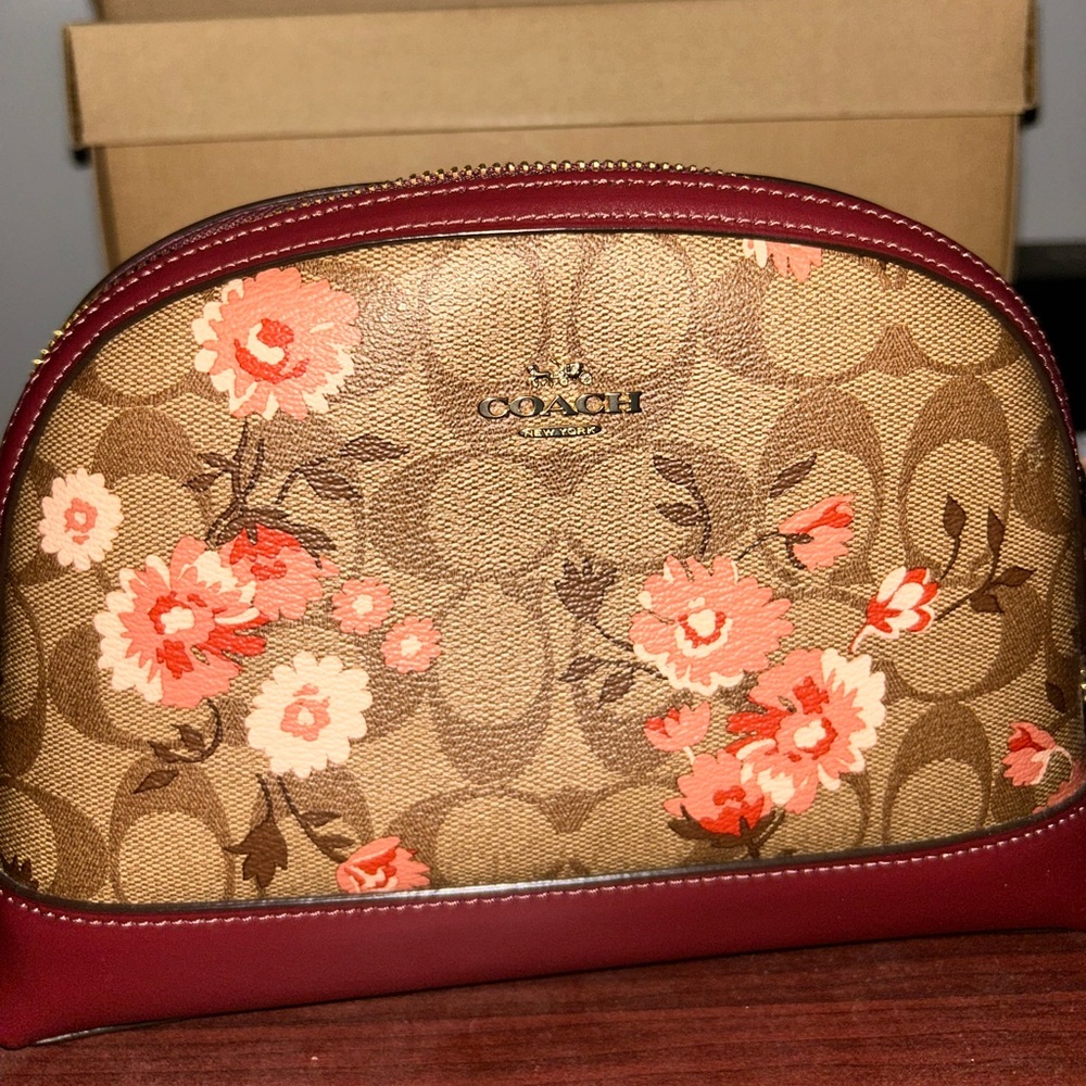Coach Tan and Red Floral Pouch